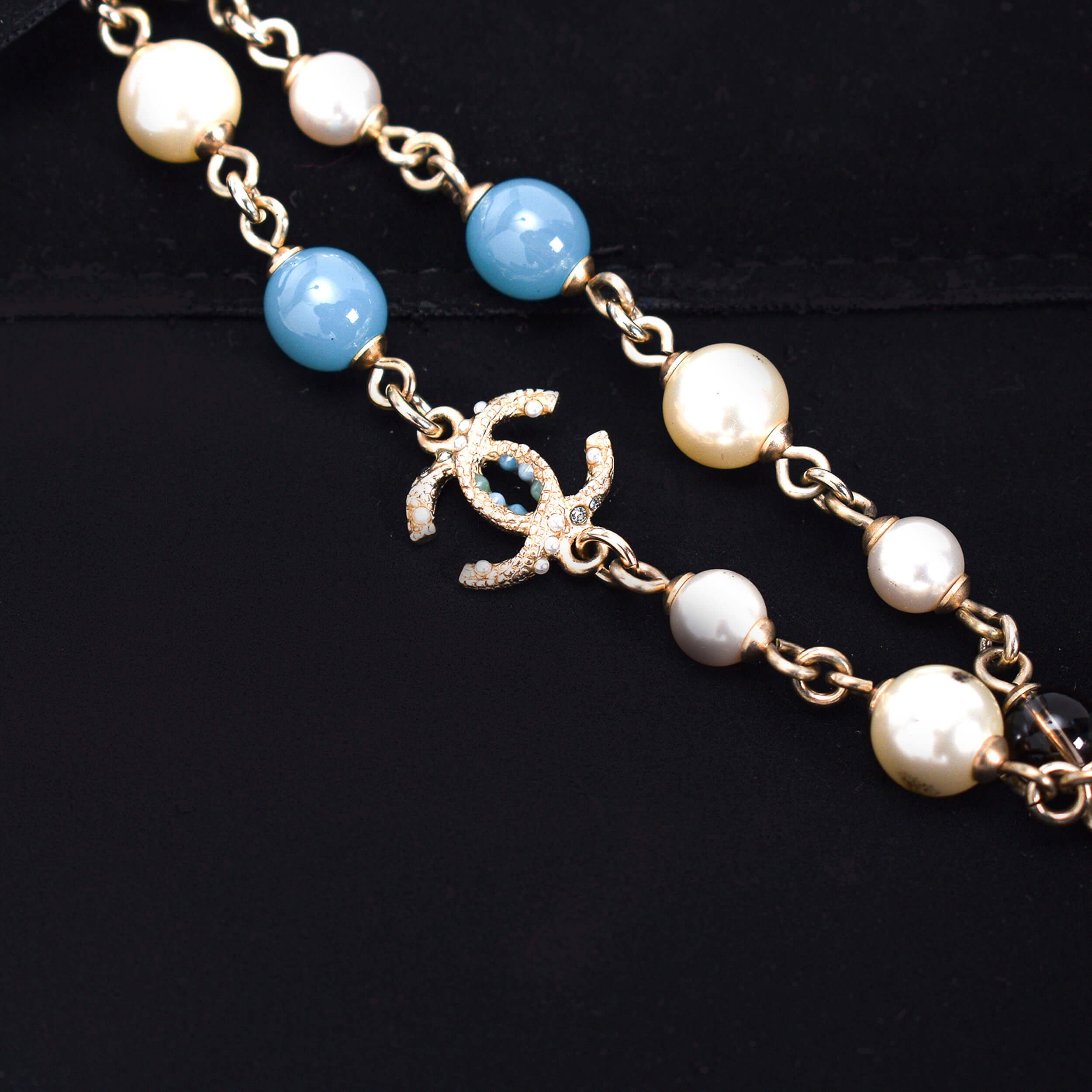 Chanel - White&Green&Blue Pearl CC Long Necklace